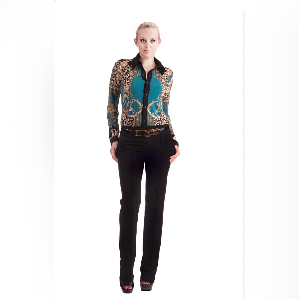 EVA VARRO Ladies Women’s Size 2 Black White & Blue Floral Long Sleeve Lo…